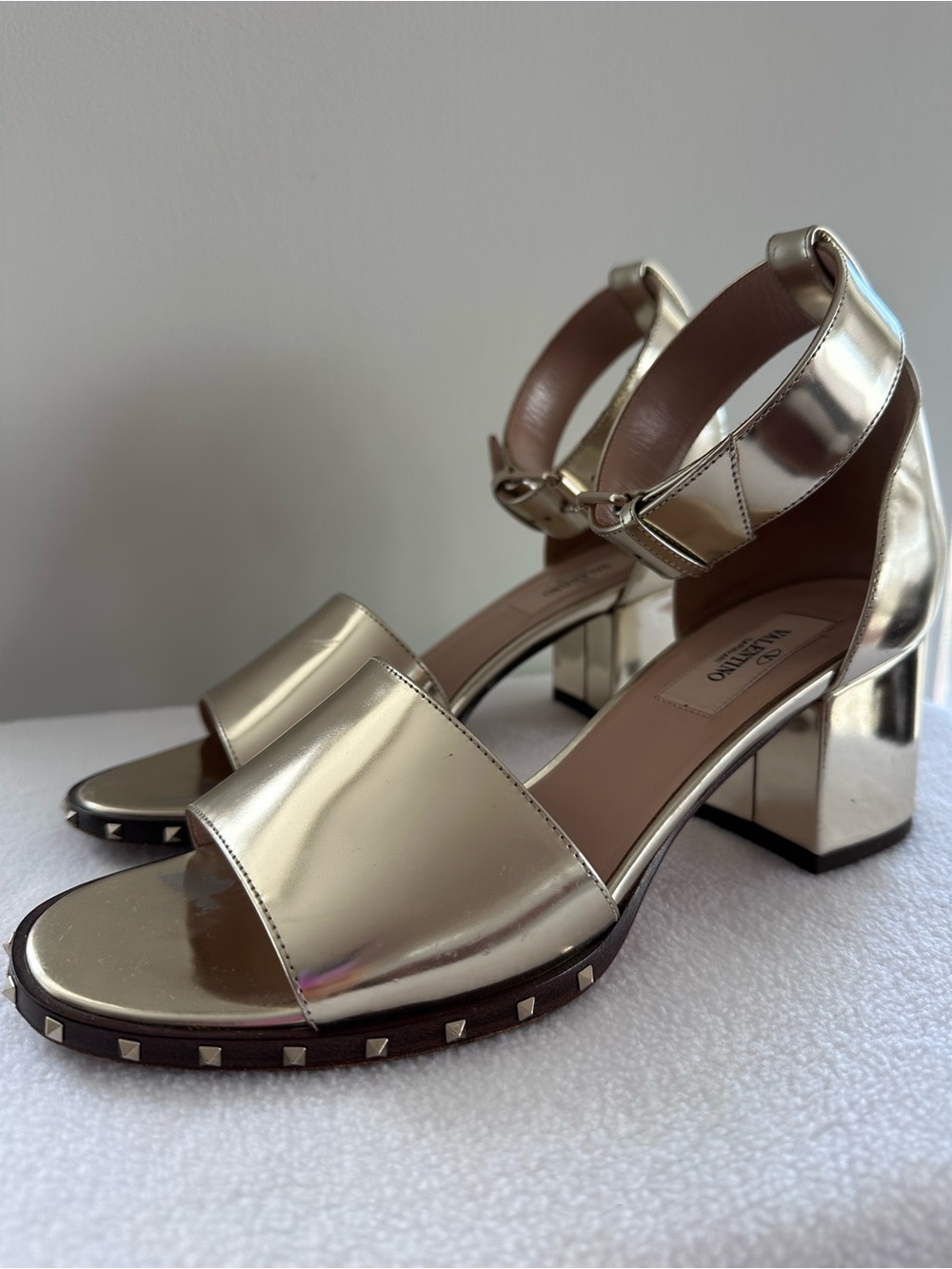 Valentino Garavani Metallic Gold Studded Platform Sandals - Picture 2 of 6